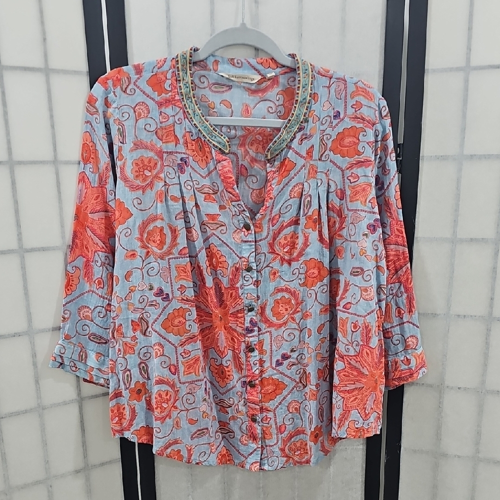 Soft Surroundings Blue and Coral Floral Button-Front Blouse